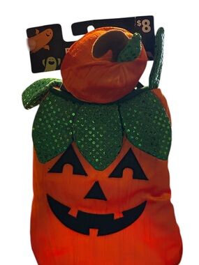 Dog Orange Pumpkin Costume with Green Sequin Leaves
